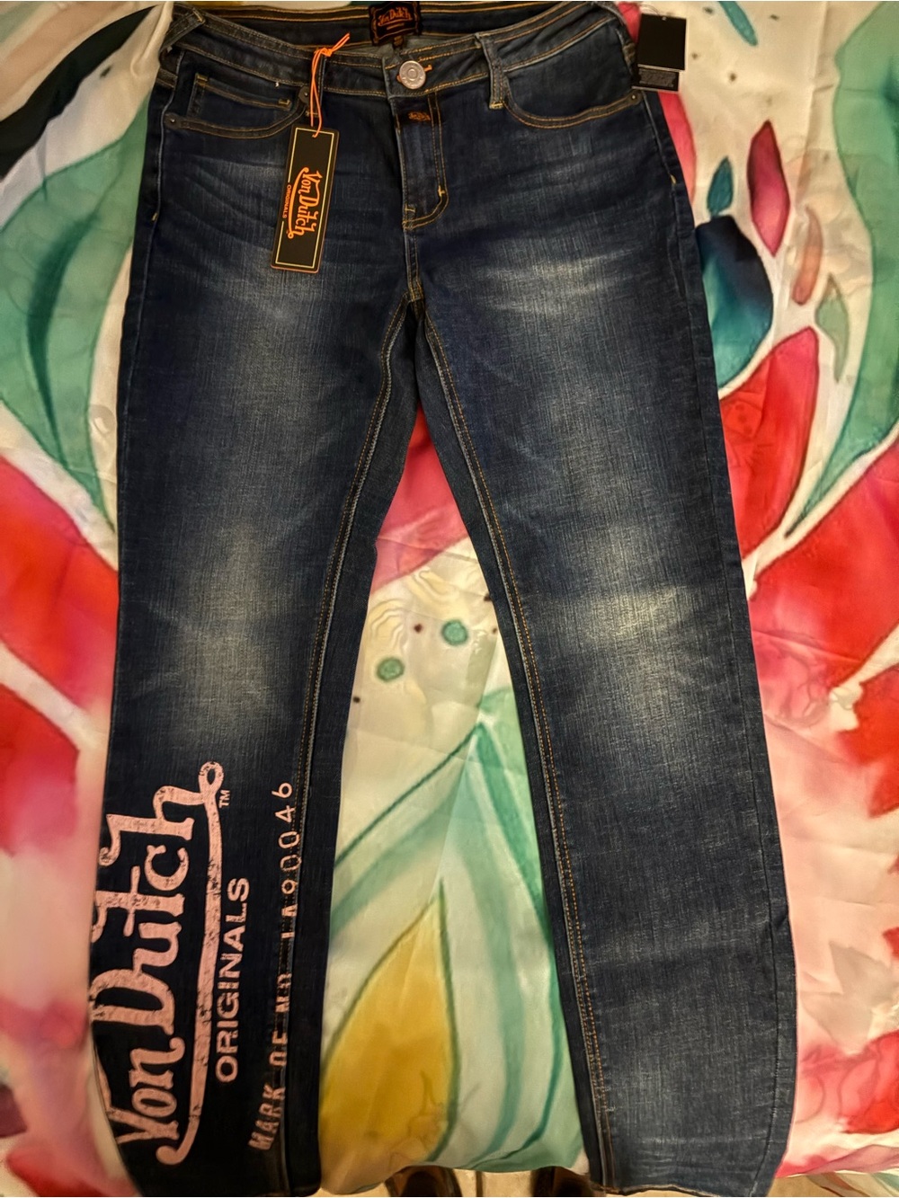 Von Dutch Women’s Dark Blue Skinny Jeans with Pink Logo Print